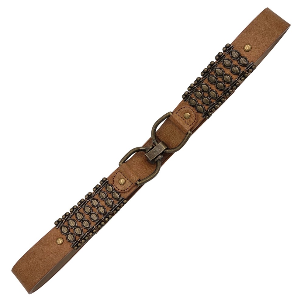 Women's‎ S/M Adjustable Stretch Tan Boho Belt Antique Gold Charm Horsebit Clip